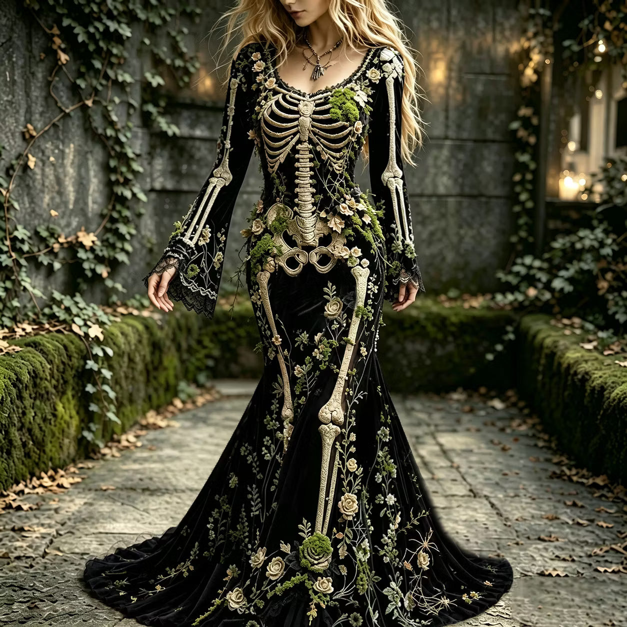 Women's Halloween Floral Skull With Forest Moss Elegant Velvet Round Neck Long Sleeve Dress