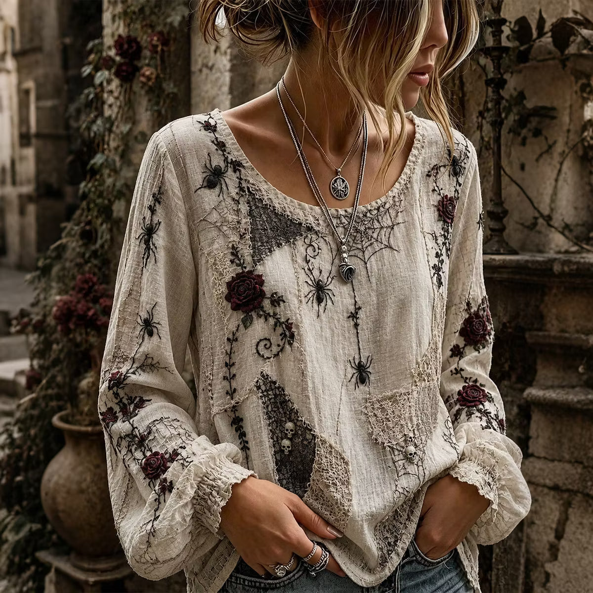 Women's Retro Skull Rose Spider Design Round Neck Cotton Linen Long Sleeve T-shirt