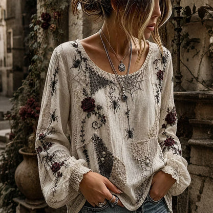 Women's Retro Skull Rose Spider Design Round Neck Cotton Linen Long Sleeve T-shirt