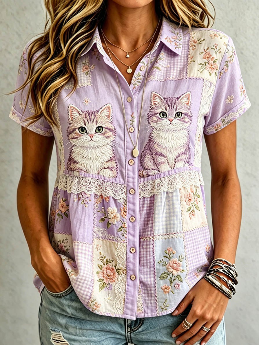 Women's Casual Cat Floral Print Shirt