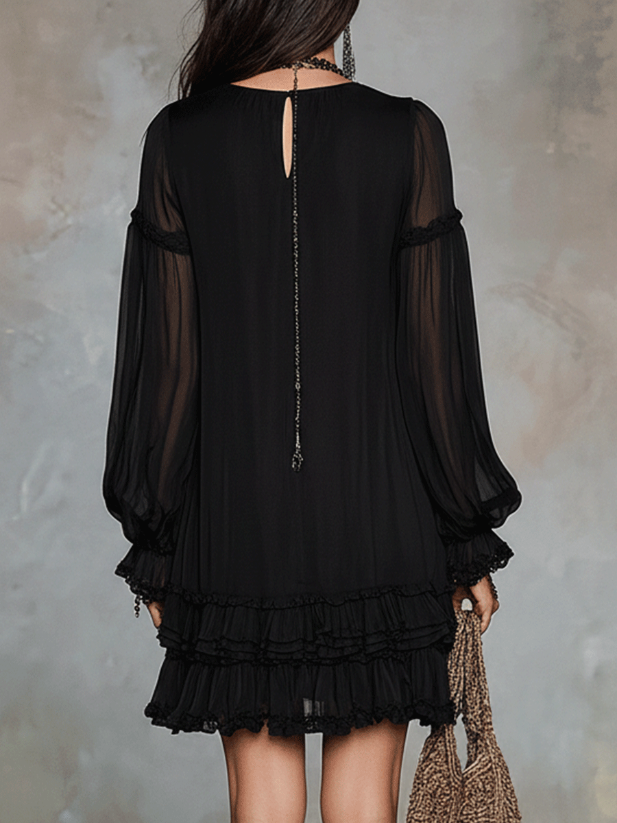 Bohemian Black Chiffon Dress With Soft Ruffle Trim