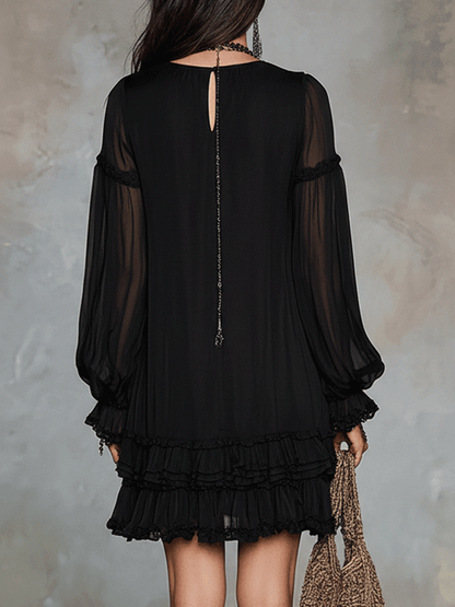 Bohemian Black Chiffon Dress With Soft Ruffle Trim
