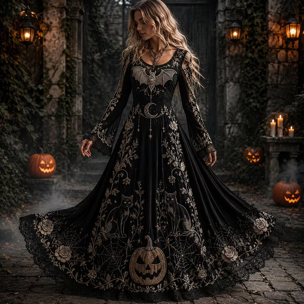 Women's Halloween Gothic Black Bat, Cat & Floral Lace Maxi Dress