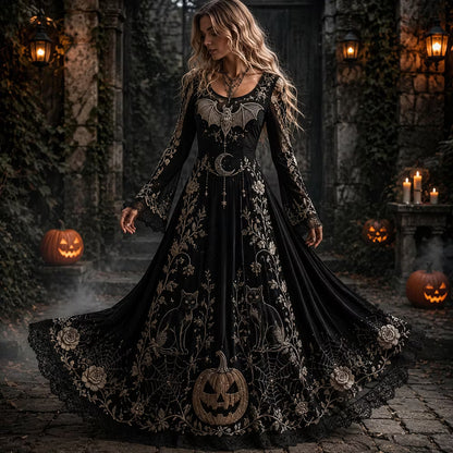Women's Halloween Gothic Black Bat, Cat & Floral Lace Maxi Dress