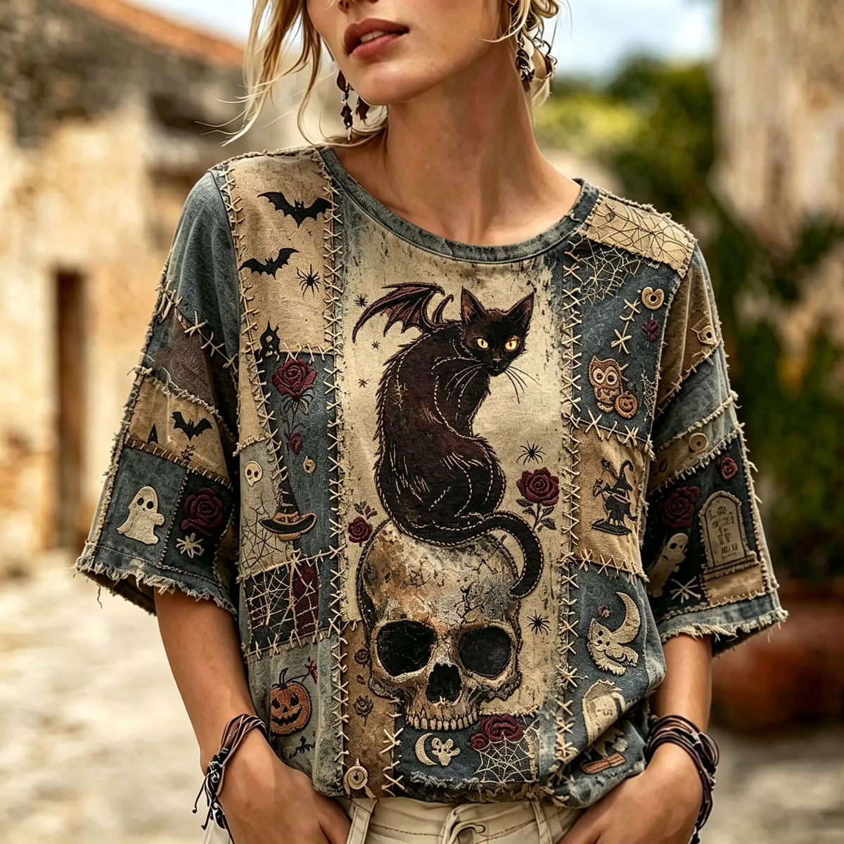 Women's Retro Halloween Cat And Skull Patchwork Print T-shirt