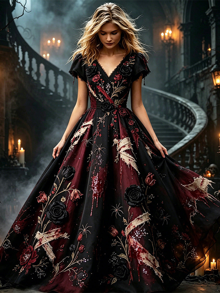 Women's Gothic Halloween Black Red Rose Bandage Blood Splash Embroidery Dress
