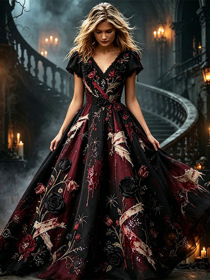 Women's Gothic Halloween Black Red Rose Bandage Blood Splash Embroidery Dress