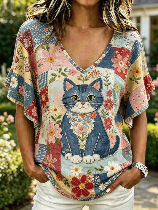 Women's Cat and Floral Print V-Neck Casual T-Shirt