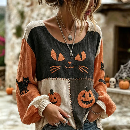 Women's Vintage Halloween Wizard Cat Art Embroidered Linen Blend Round Neck Long Sleeve Tops