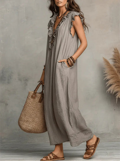 Women's Solid Color Ruffled Art Casual Fashion Cozy Cotton Linen Dress