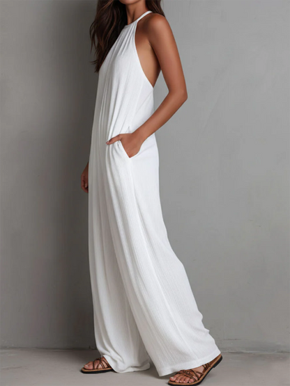 Minimalist Halter-neck Loose Cotton-linen Jumpsuit