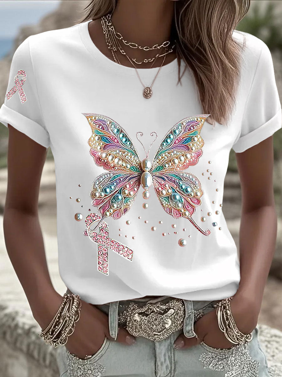 Women's Breast Cancer Awareness Pink Ribbon Print Casual T-shirt