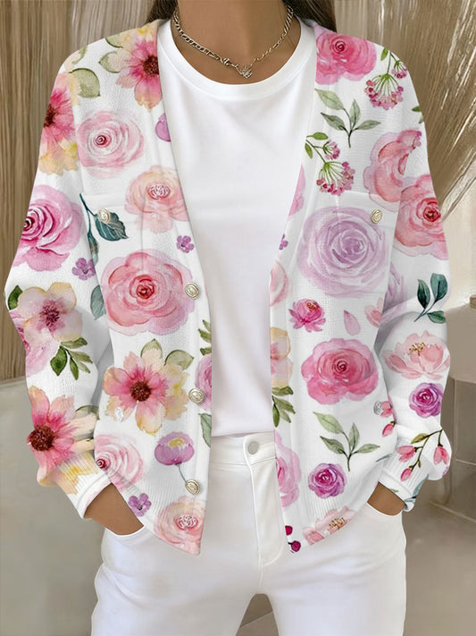 Women's Pink Floral Print Pocket Cardigan