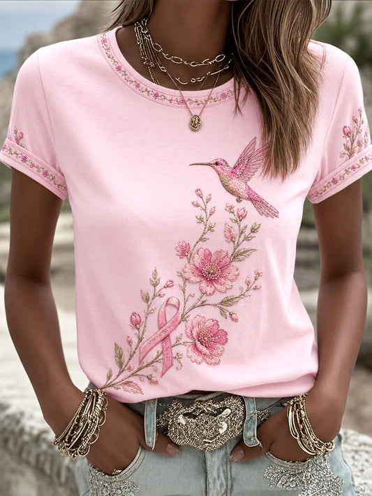 Women's Pink Floral & Hummingbird Print Breast Cancer Awareness Support Tee