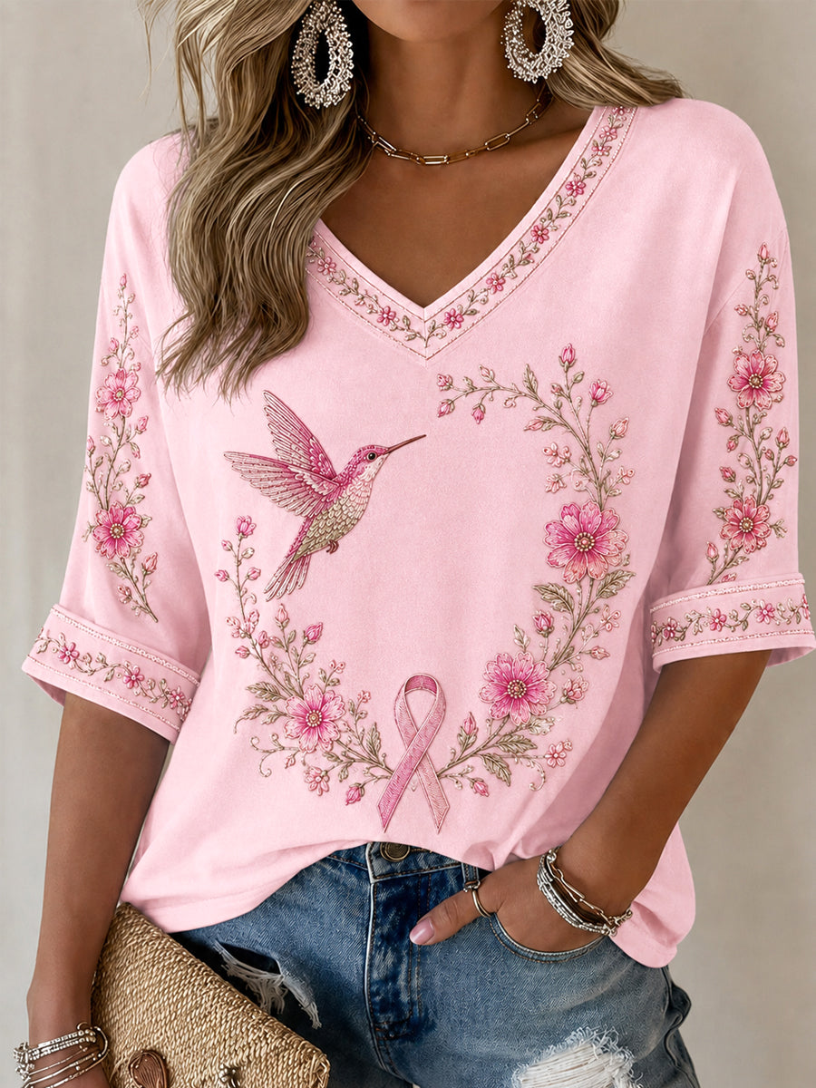 Women's Pink Floral & Hummingbird Print Breast Cancer Awareness Support Half-Sleeves V-Neck T-Shirt