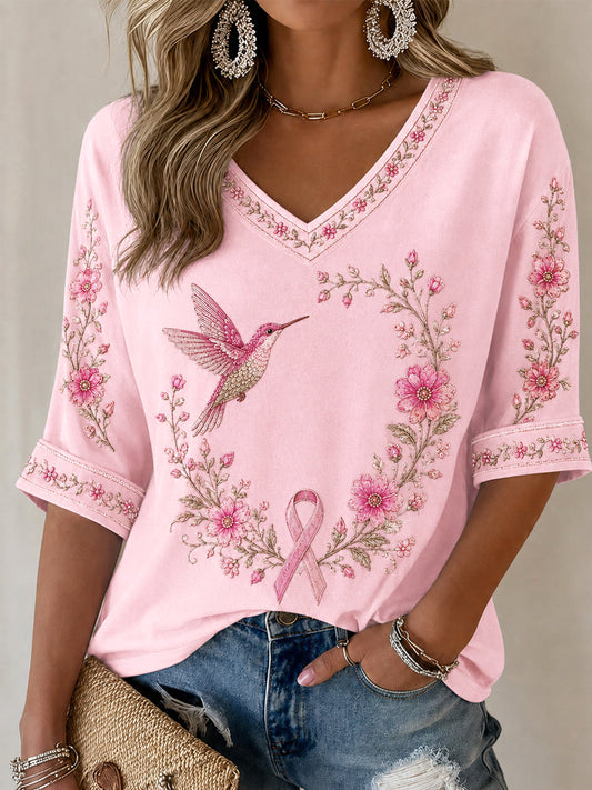 Women's Pink Floral & Hummingbird Print Breast Cancer Awareness Support Half-Sleeves V-Neck T-Shirt
