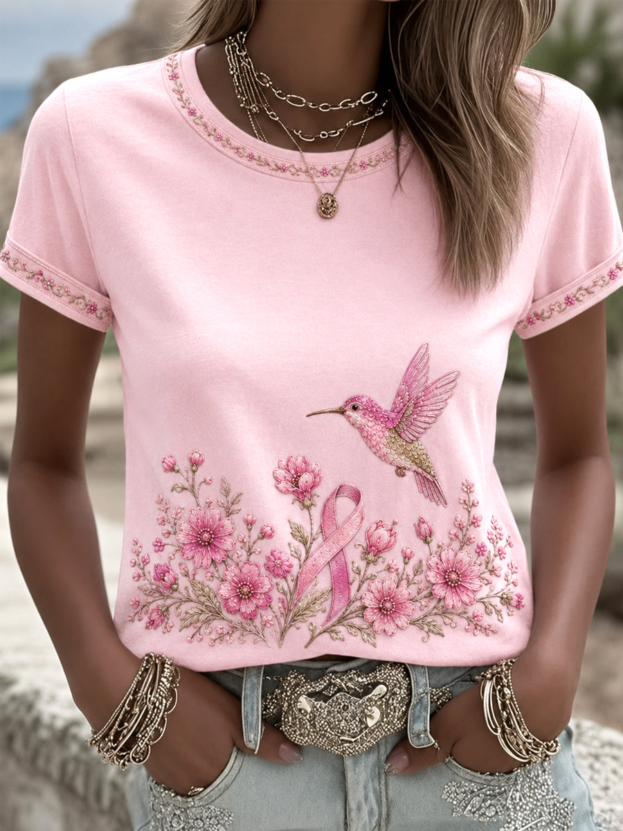 Women's Pink Floral & Hummingbird Print Breast Cancer Awareness Support Tee