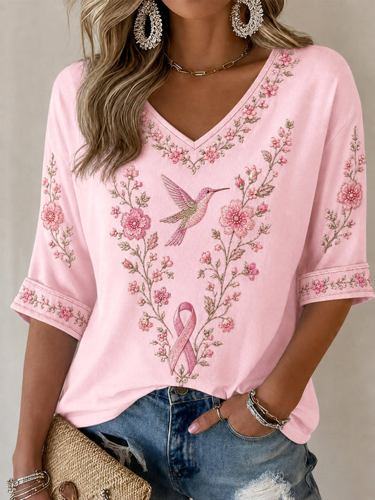 Women's Pink Floral & Hummingbird Print Breast Cancer Awareness Support Half-Sleeves V-Neck T-Shirt