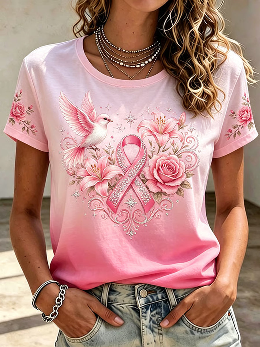 Women's Pink Floral & Hummingbird Print Breast Cancer Awareness Support Linen Top