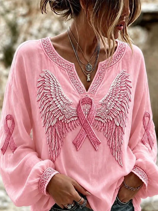 Women's Pink Ribbon Print Breast Cancer Awareness Support Cotton-Linen Shirt