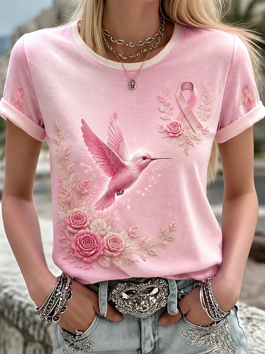 Women's Breast Cancer Pink Flowers Printed T-shirt