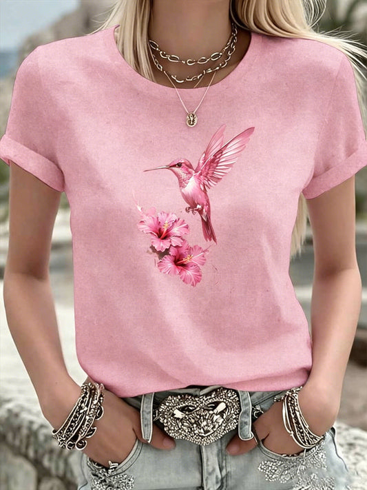 Women's Breast Cancer Pink Flowers Printed T-shirt