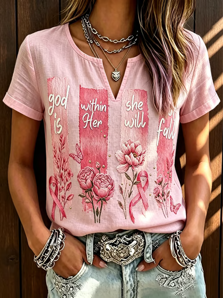 Women's Breast Cancer Awareness Printed Cotton-Linen Shirt