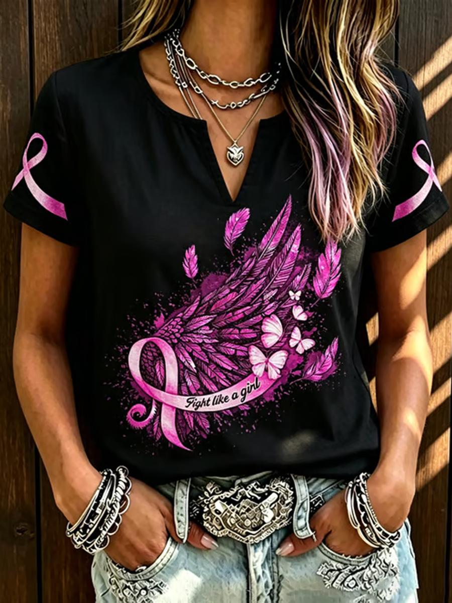 Women's Breast Cancer Awareness Printed Cotton-Linen Shirt