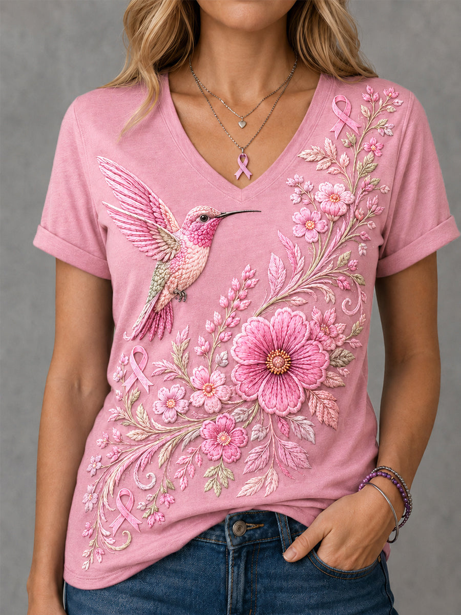 Women's Pink Floral & Hummingbird Print Breast Cancer Awareness Support V-Neck Tee