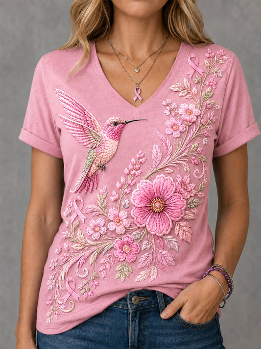 Women's Pink Floral & Hummingbird Print Breast Cancer Awareness Support V-Neck Tee