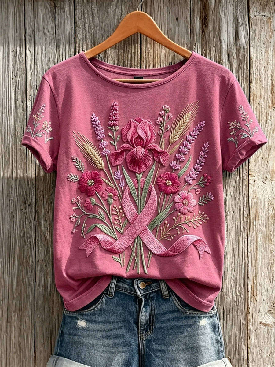 Women's Vintage Pink Ribbon Floral Art Print Short-sleeved T-shirt