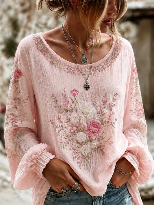 Women's Breast Cancer Pink Flowers Print Cotton-Linen Shirt