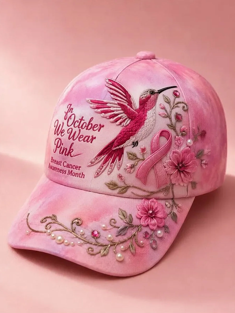 Unisex Breast Cancer Awareness Support Pink Ribbon Pink Floral & Hummingbird Print Hat