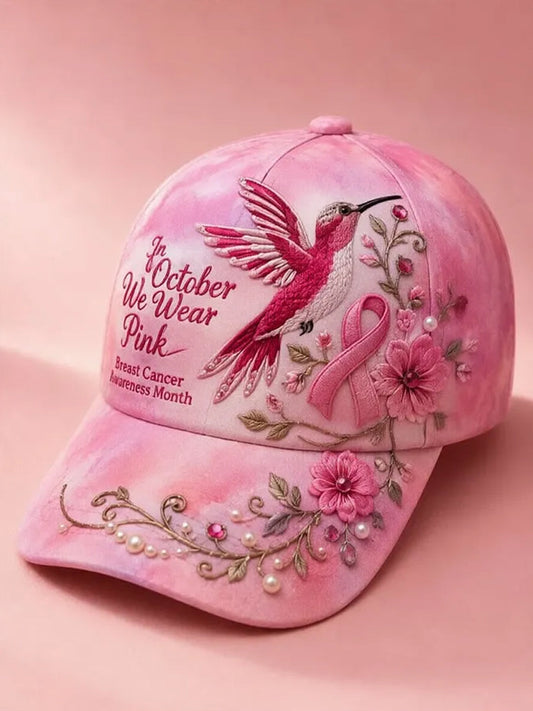 Unisex Breast Cancer Awareness Support Pink Ribbon Pink Floral & Hummingbird Print Hat