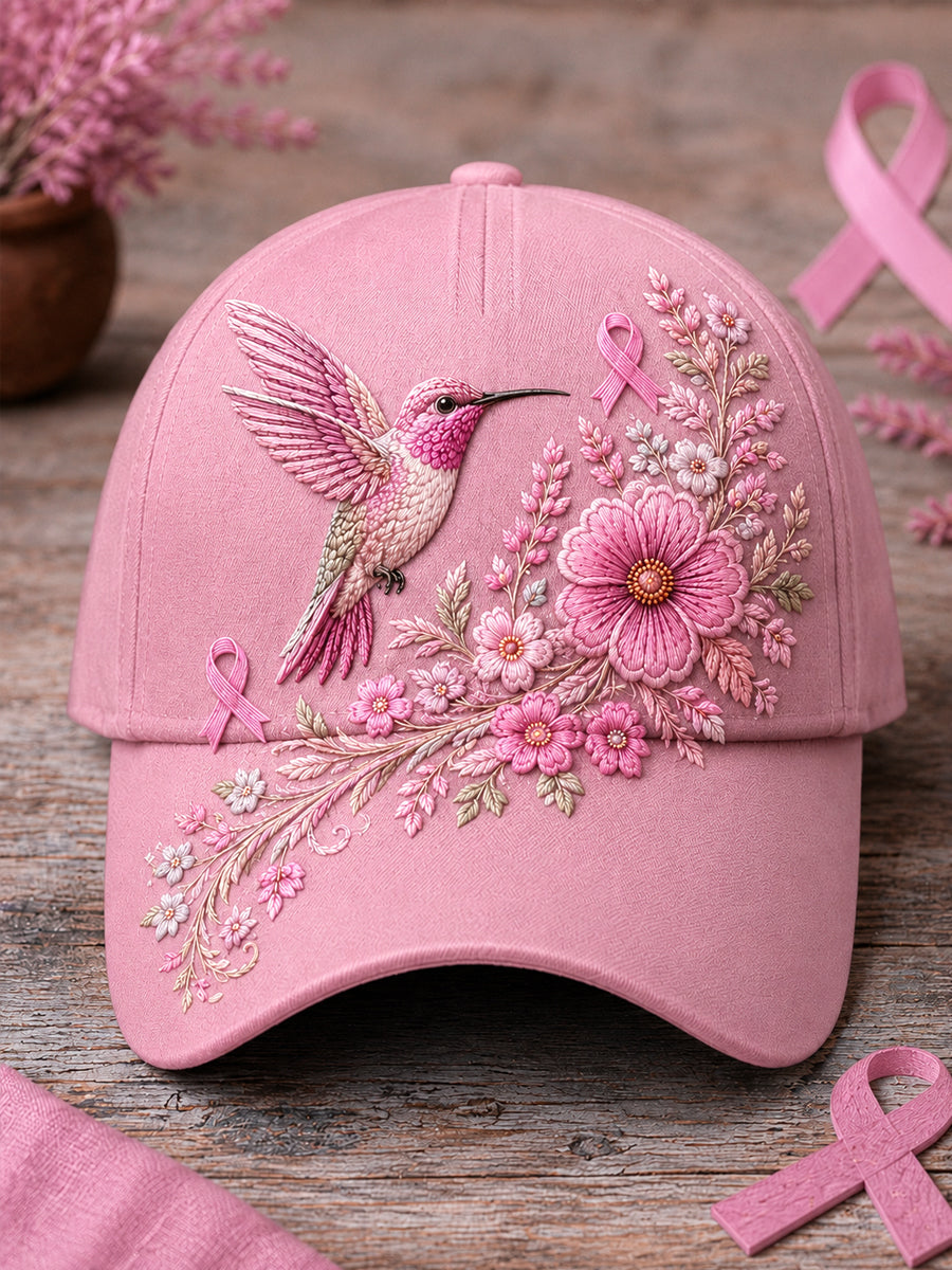 Unisex Pink Floral & Hummingbird Print Breast Cancer Awareness Support Hat