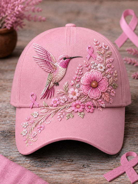 Unisex Pink Floral & Hummingbird Print Breast Cancer Awareness Support Hat