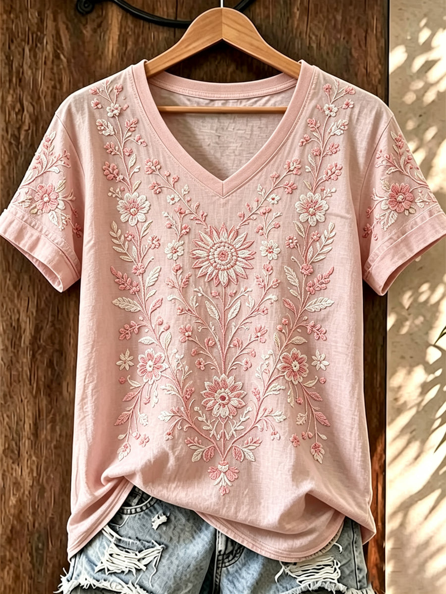 Women's Breast Cancer Pink Flowers Printed V-neck T-shirt