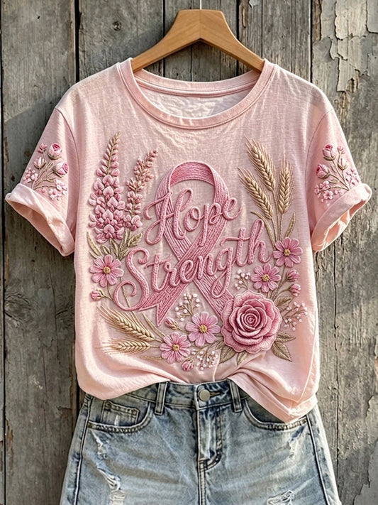 Women's Pink Ribbon Floral Print Short-sleeved T-shirt