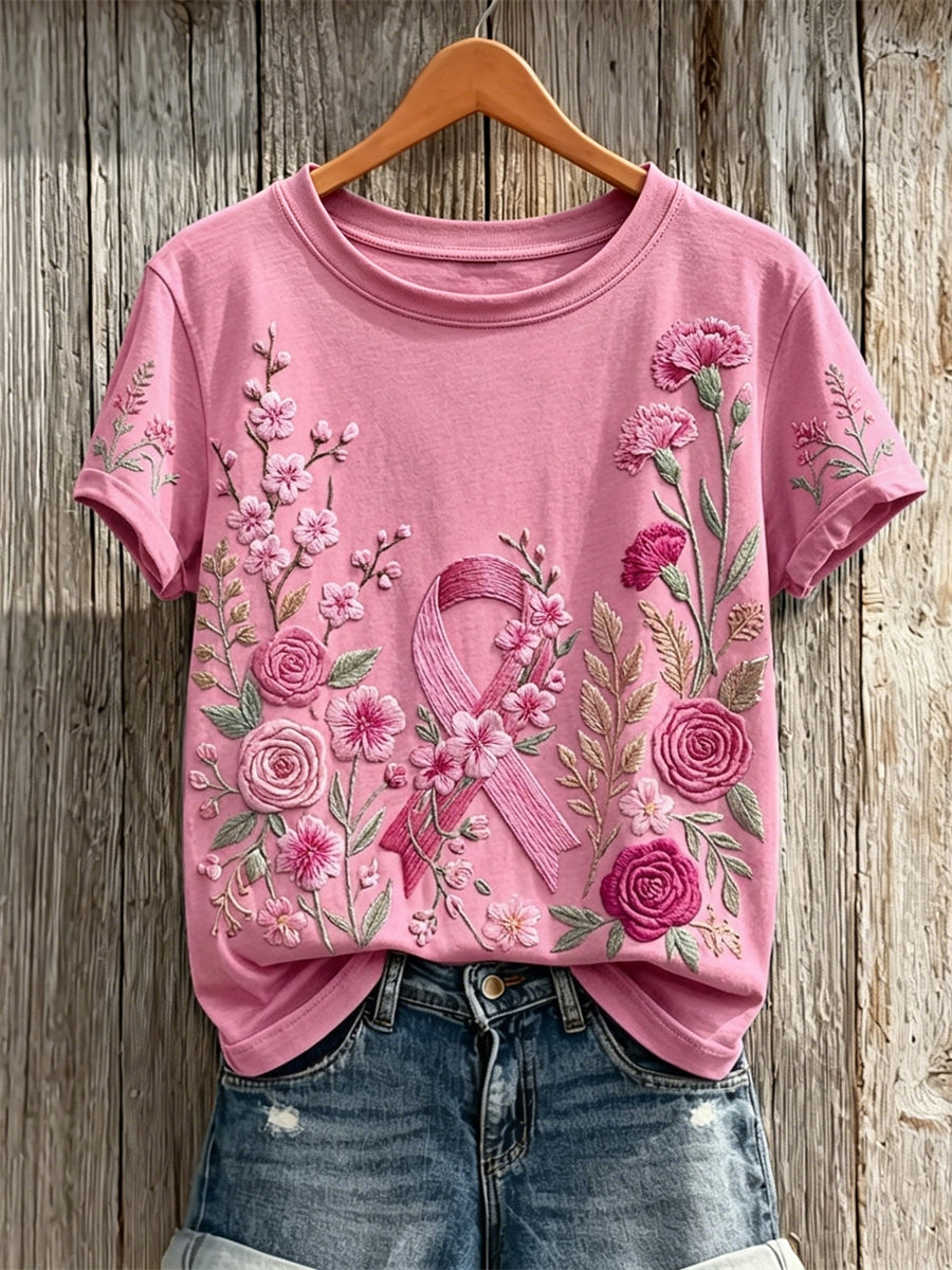 Women's Vintage Floral Pink Ribbon Print Short-sleeved T-shirt