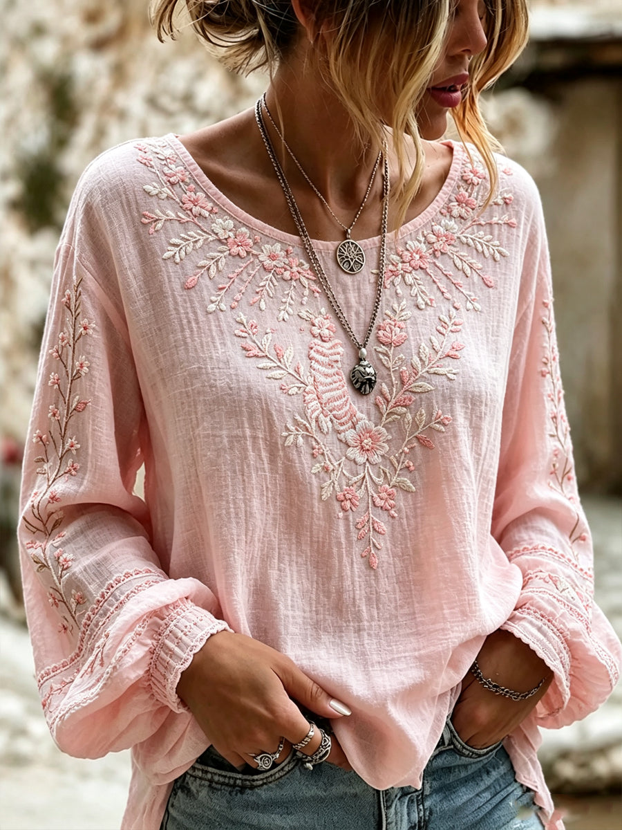 Women's Breast Cancer Pink Flowers Print Cotton-Linen Shirt