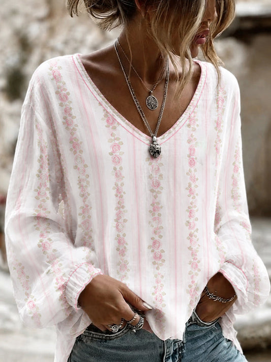 Women's Breast Cancer Pink Flowers Print Cotton-Linen Shirt