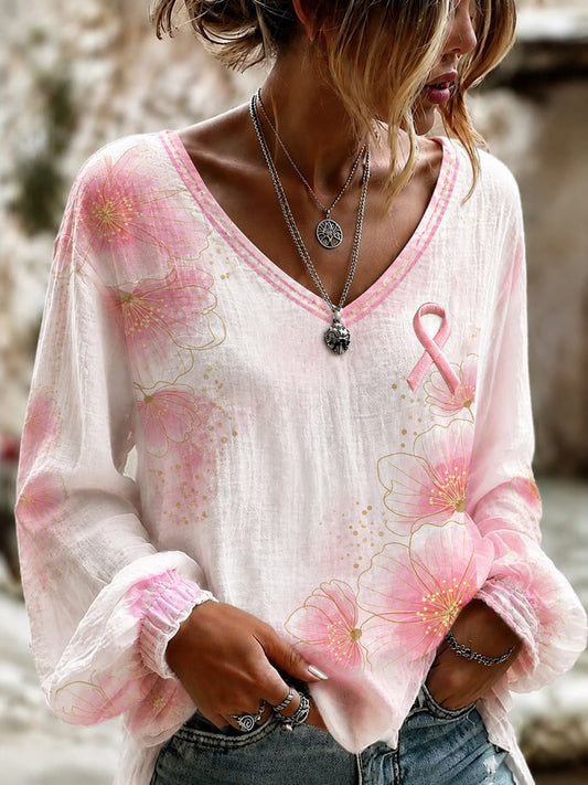 Women's Breast Cancer Pink Flowers Print Cotton-Linen Shirt