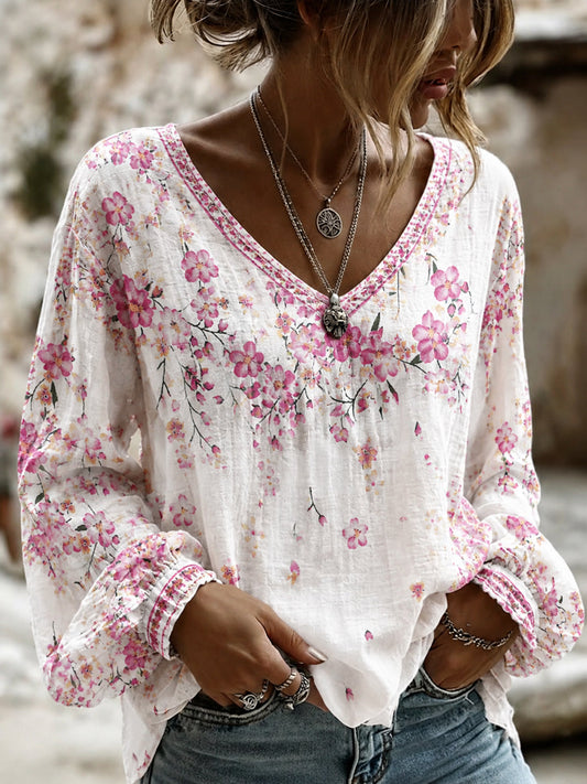 Women's Breast Cancer Pink Flowers Print Cotton-Linen Shirt