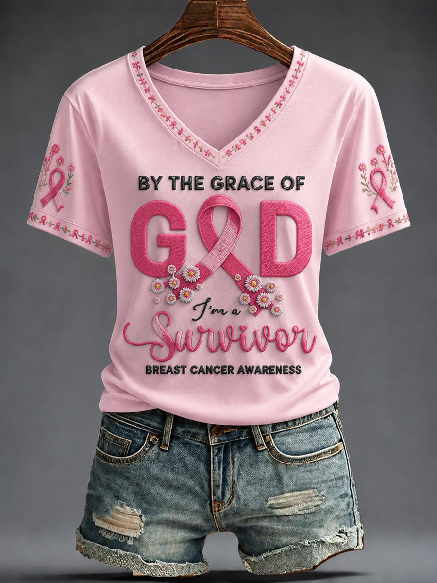 Women's Breast Cancer Pink Flowers Printed V-neck T-shirt