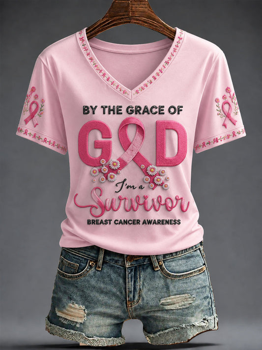 Women's Breast Cancer Pink Flowers Printed V-neck T-shirt