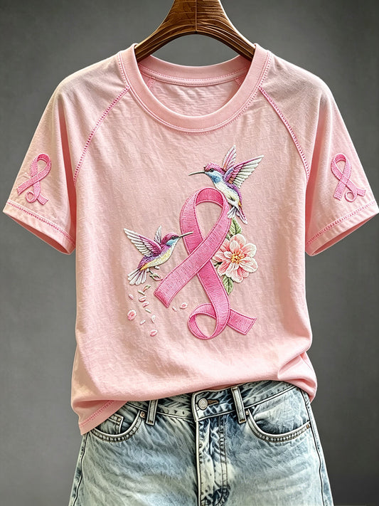 Women's Pink Ribbon Hummingbird Print Round Neck Short Sleeve T-shirt