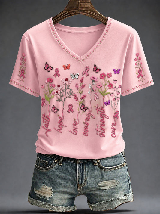 Women's Breast Cancer Pink Flowers Printed V-neck T-shirt