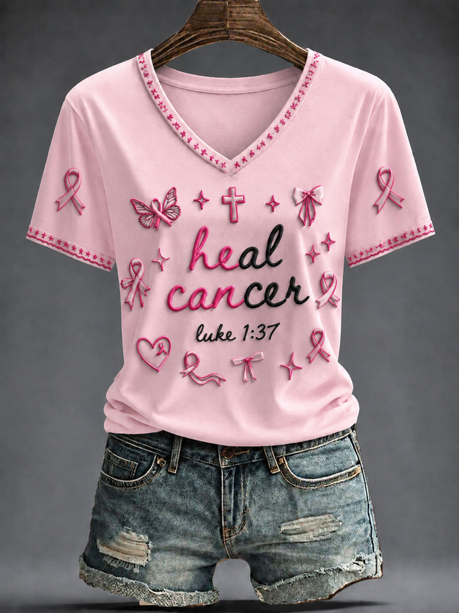 Women's Breast Cancer Pink Flowers Printed V-neck T-shirt
