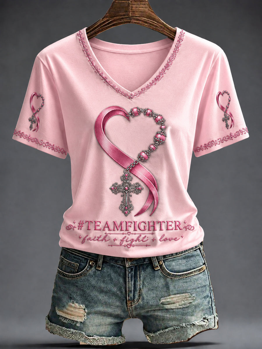 Women's Breast Cancer Pink Flowers Printed V-neck T-shirt