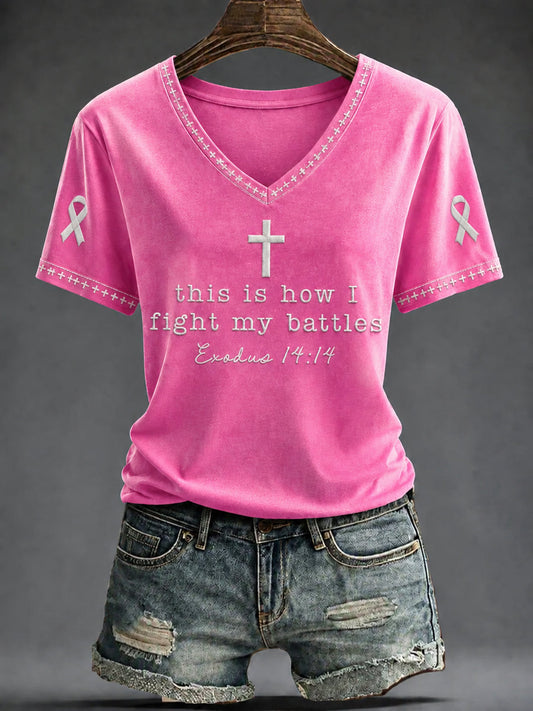 Women's Breast Cancer Pink Flowers Printed V-neck T-shirt